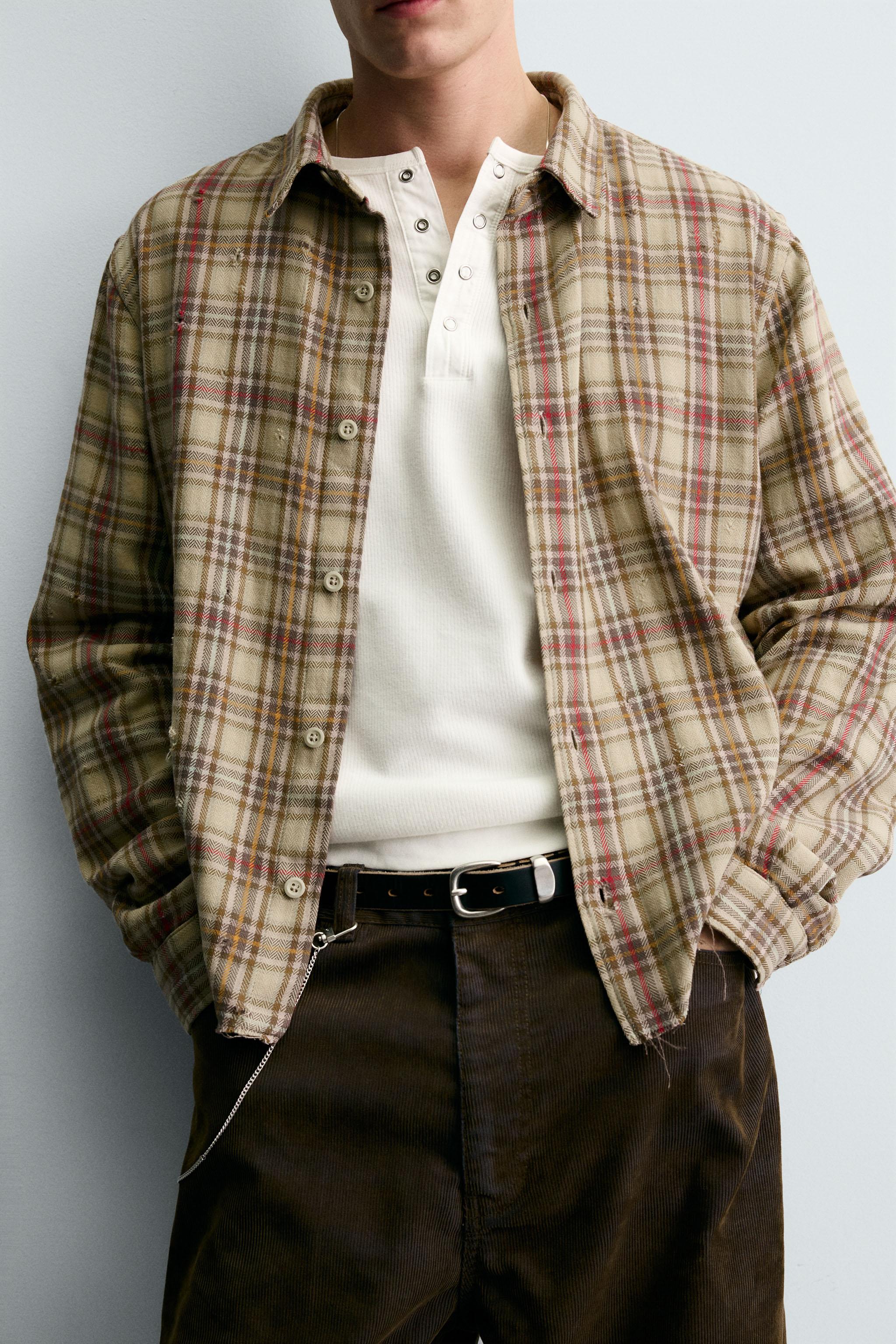 PLAID SHIRT WITH DISTRESSED EFFECTS